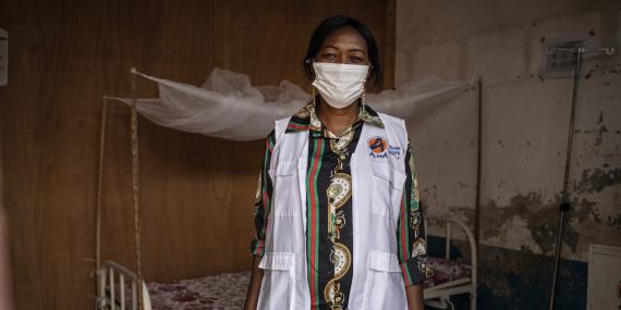 A doctor poses in a COVID-19 ward of a privately funded hospital in the capital Bangui. Violence in CAR has displaced more than 240,000 people since mid-December and it is estimated that 2.8 million people need urgent humanitarian assistance within the country – 57% of the population. 