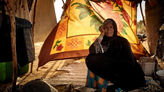 A woman looks at the camera from her improvised tent